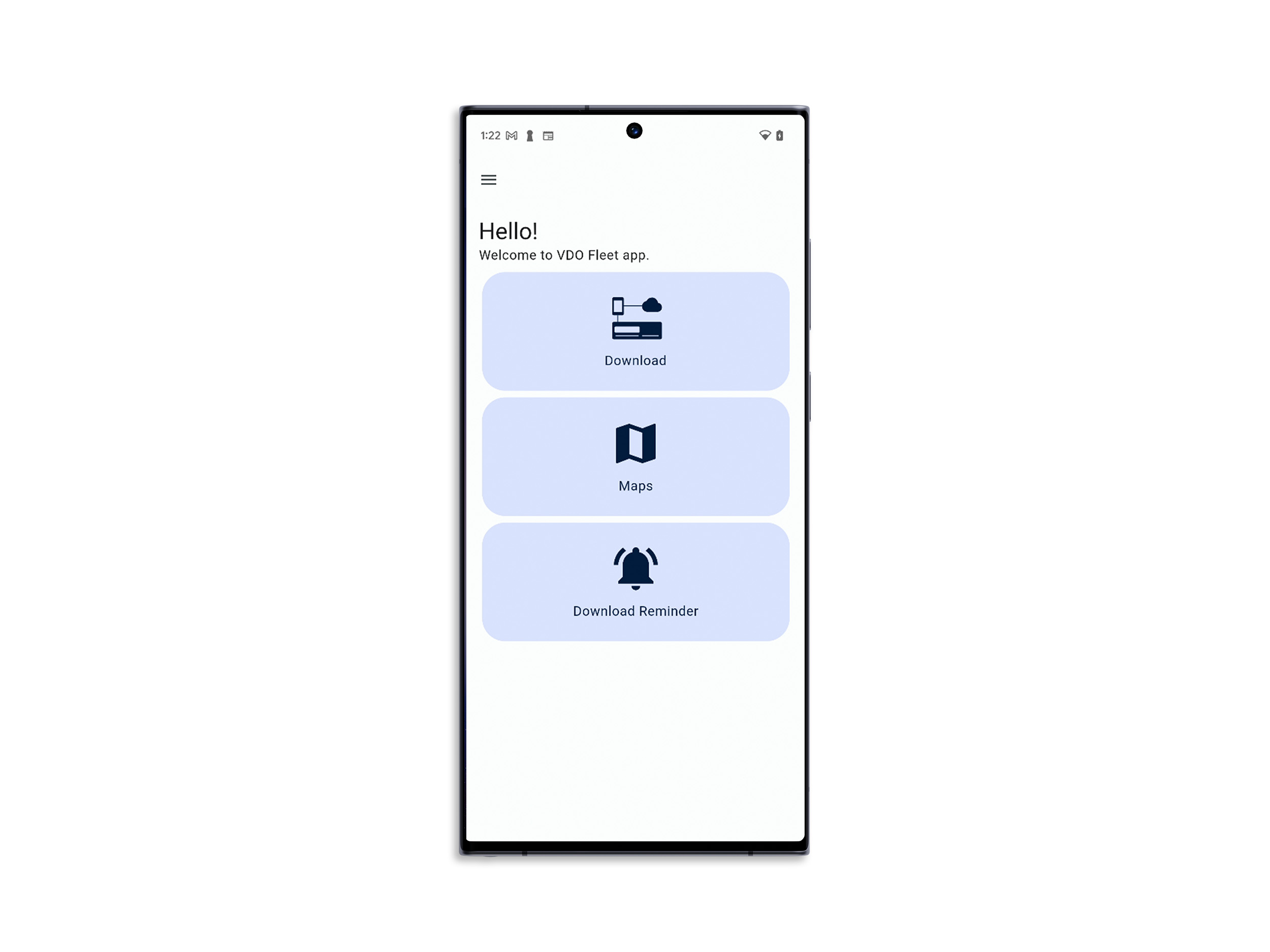 Start screen of the VDO Fleet App including downloads, maps and a download reminder.